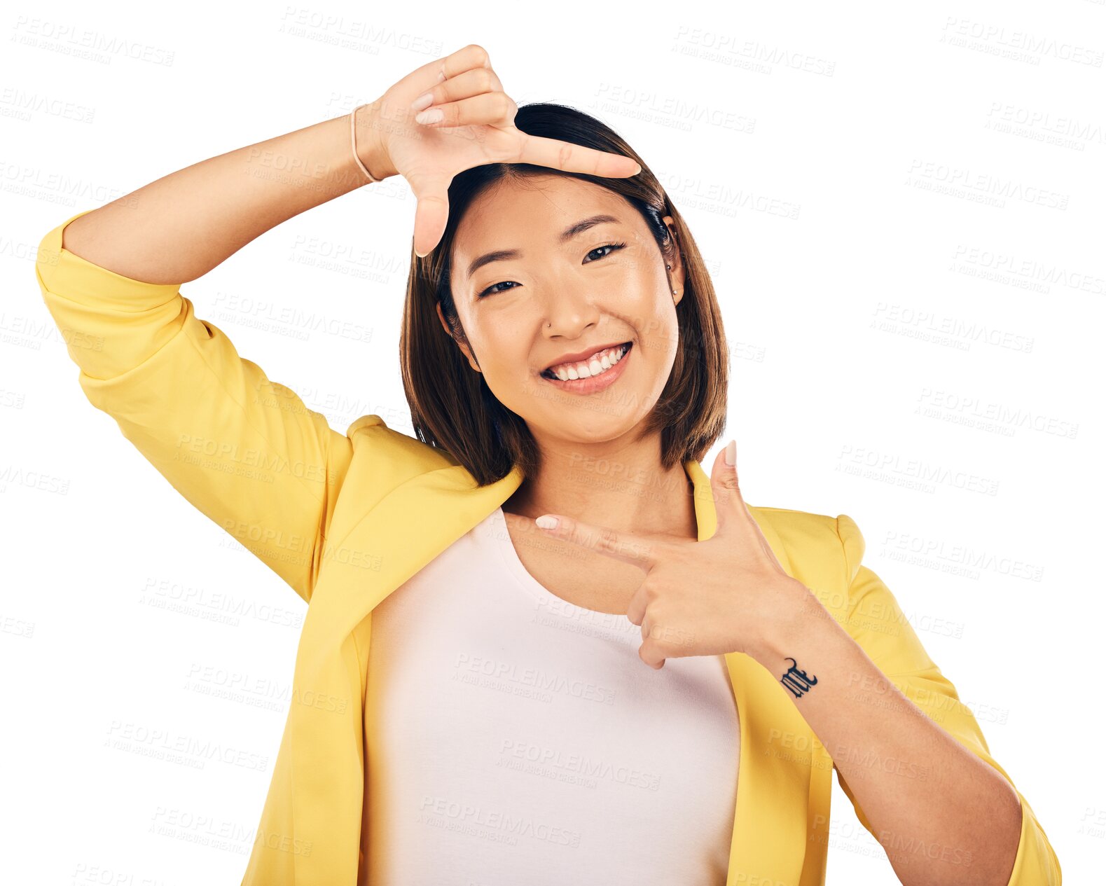 Buy stock photo Happy asian woman, portrait and hands in frame for photography isolated on a transparent PNG background. Female person or photographer smile and framing face for photograph, picture or selfie moment