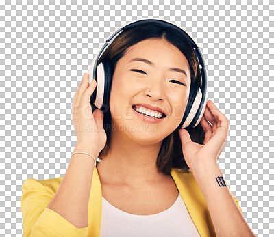 Buy stock photo Face, headphones and woman listening to music, smile with audio streaming and fun isolated on png transparent background. Happiness, sound and wireless tech, Asian model with radio and portrait