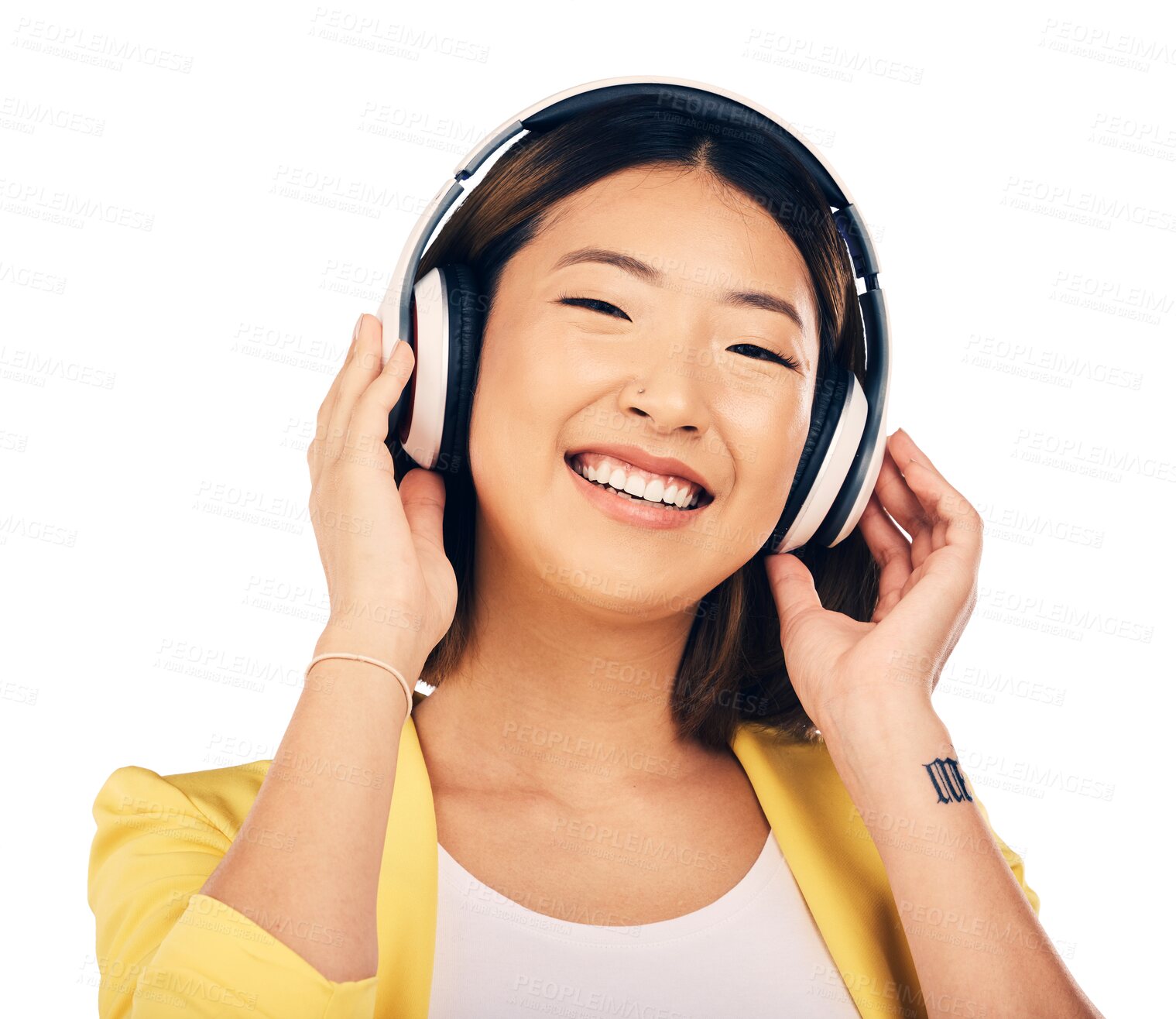 Buy stock photo Face, headphones and woman listening to music, smile with audio streaming and fun isolated on png transparent background. Happiness, sound and wireless tech, Asian model with radio and portrait