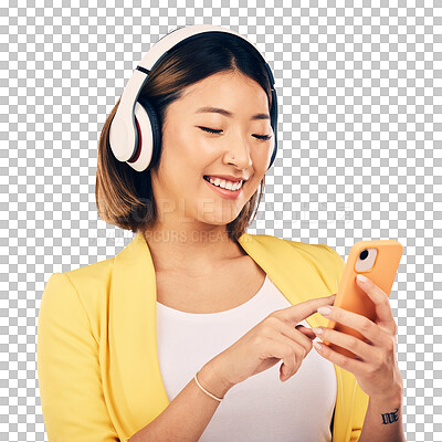 Headphones, music and happy Asian woman with phone in studio for