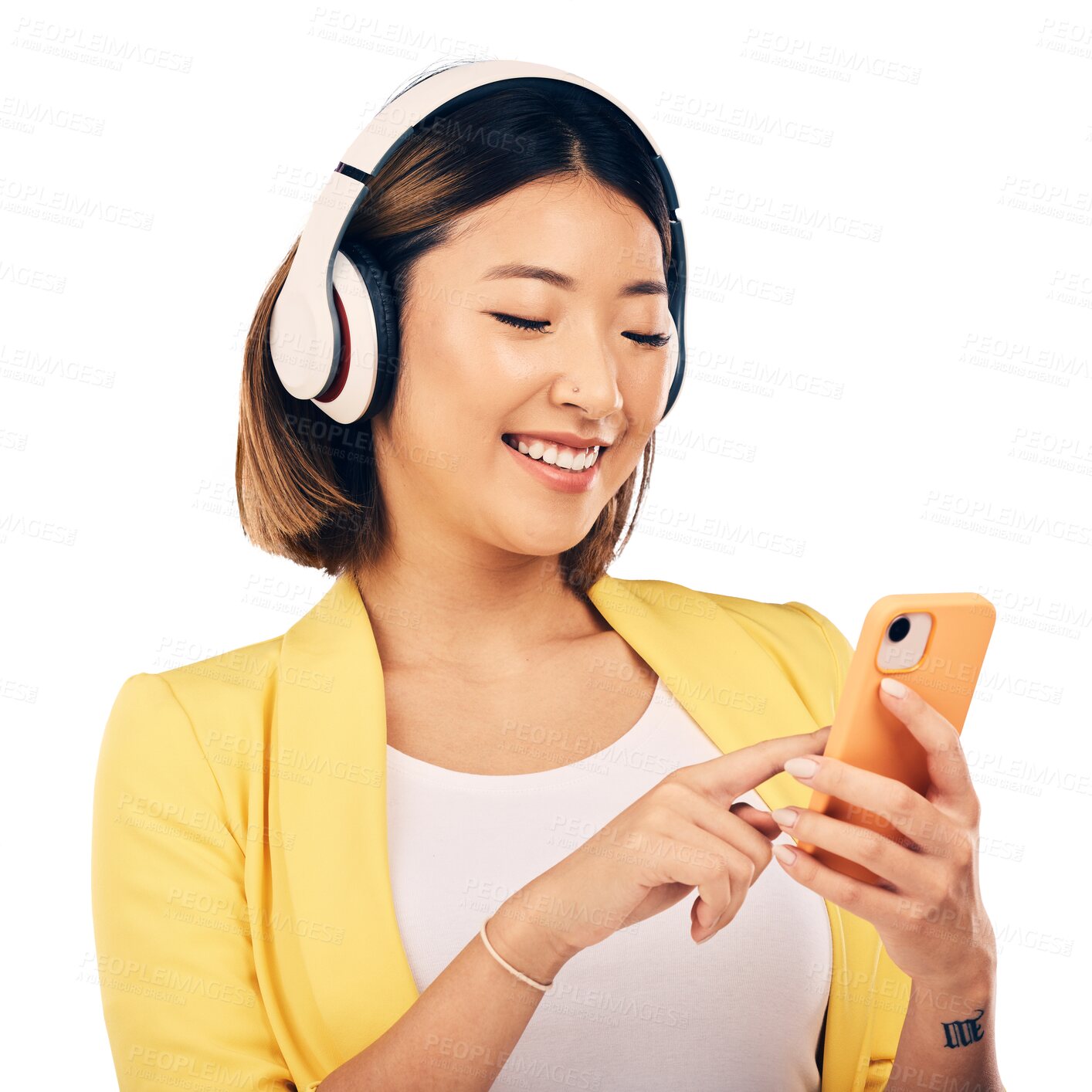 Buy stock photo Smartphone, headphones and woman listening to music, smile with audio streaming and chat isolated on png transparent background. Happiness, sound and mobile app, podcast or radio with connectivity