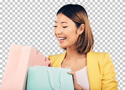 Buy stock photo Shopping, bag and excited Asian woman with gift for fashion discount, deal and sale offer. Customer, happy and person with clothing, cosmetics or present on isolated, png and transparent background