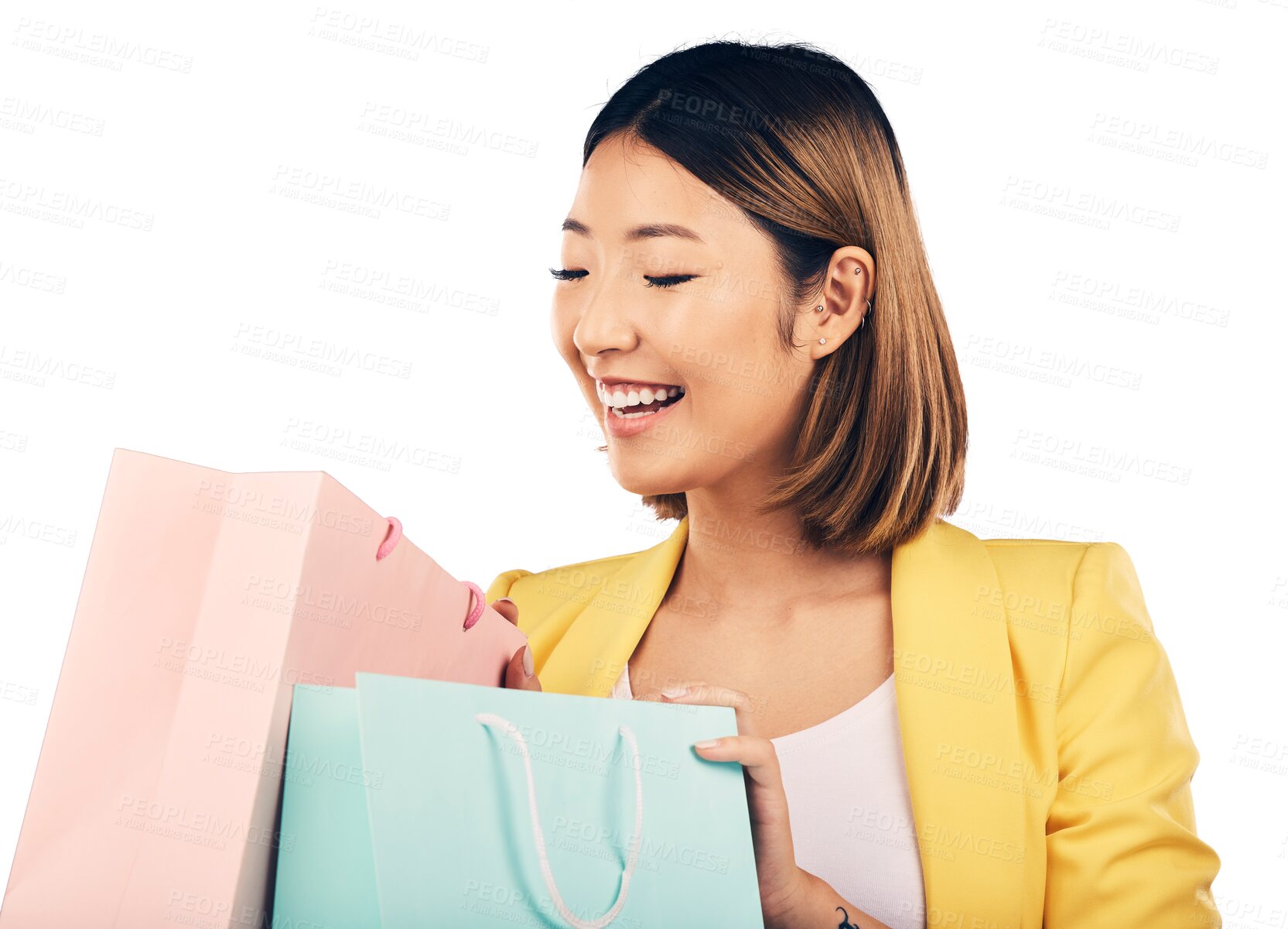 Buy stock photo Shopping, bag and excited Asian woman with gift for fashion discount, deal and sale offer. Customer, happy and person with clothing, cosmetics or present on isolated, png and transparent background