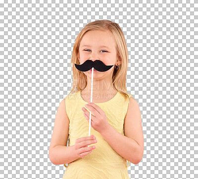 Girl, child and portrait in studio with moustache prop on a pink background with a smile and stick. Female kid model with happiness, creativity and comic icon in hand isolated on a color and space