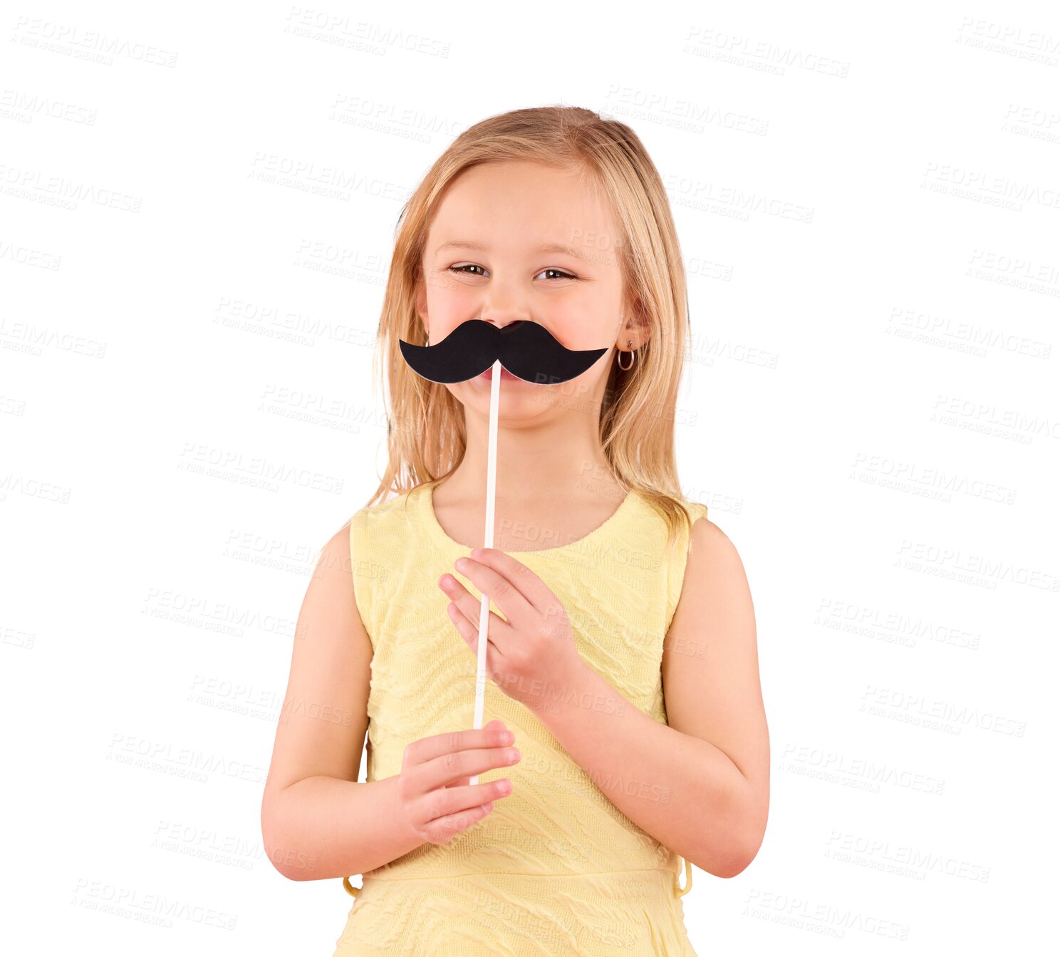 Buy stock photo Costume, portrait and girl child with mustache for halloween, celebration or games on isolated, transparent and png background. Funny, face and kid with comic, humor or theme party cosplay character