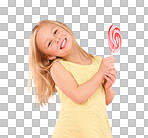 Candy, happy and lollipop with portrait of girl in studio for sugar, party and carnival food isolated on pink background. Cute, positive and youth with child and eating snack for playful and treats  