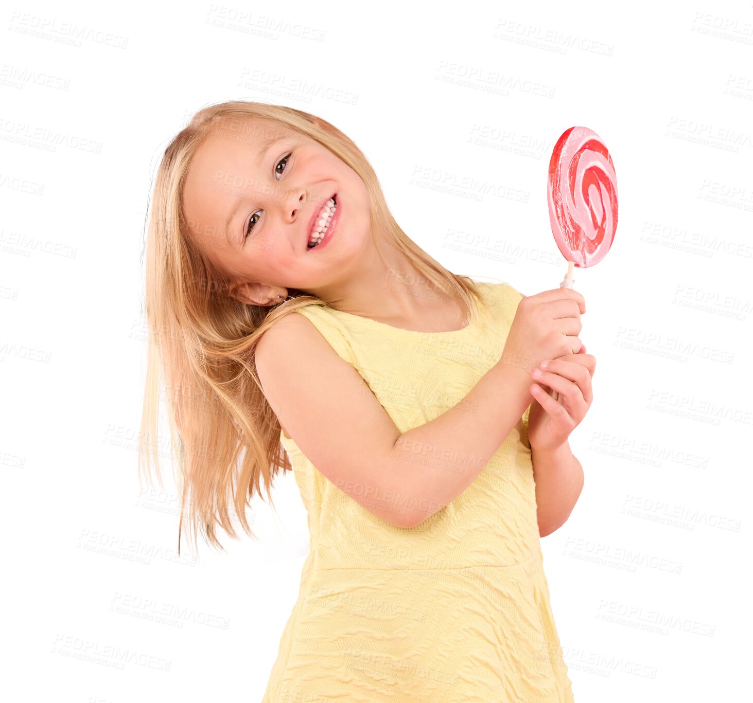 Buy stock photo Portrait, lollipop and happy kid with candy, hungry for dessert and isolated on a transparent png background. Face, sweets and young girl child smile with sugar, food and eating confectionery treats.