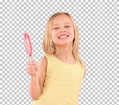 Candy, smile and lollipop with portrait of girl in studio for sugar, party and carnival food isolated on pink background. Cute, positive and youth with child and eating snack for playful and treats