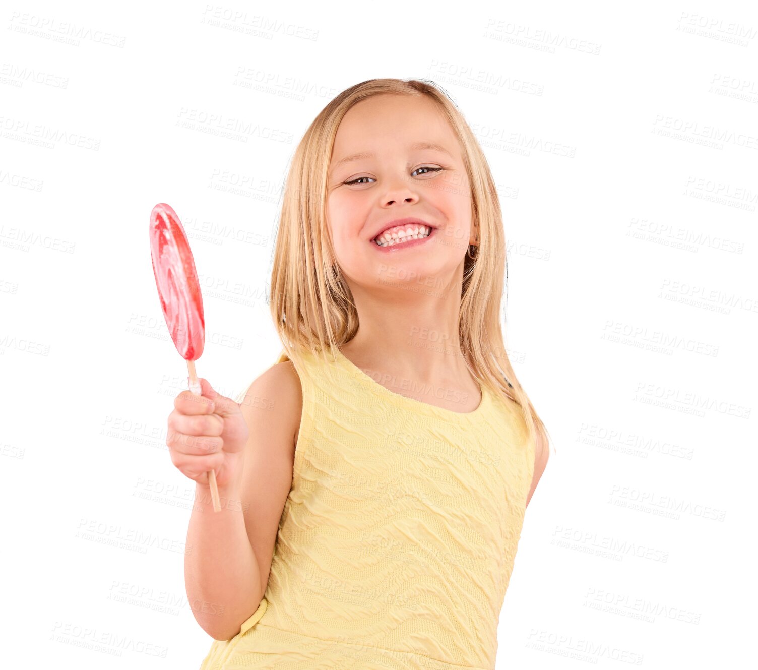 Buy stock photo Portrait, lollipop and happy girl child with candy, hungry for dessert and isolated on a transparent png background. Face, sweets and young kid smile with sugar, food and eating confectionery treats.