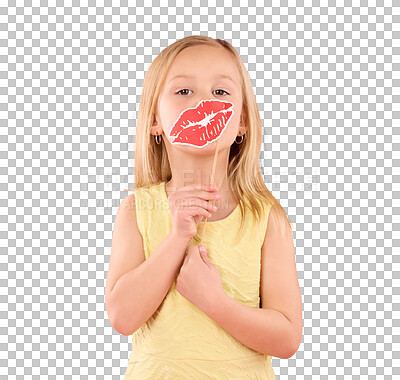 Portrait, children and lips with a girl on a pink background in studio holding a mouth prop. Kids, emoji and kiss with an adorable little female child holding a cardboard shape for valentines day