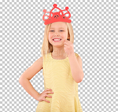 Girl, child and smile portrait with a crown in studio on a pink background with smile and prop. Female princess kid model with happiness, creativity and royal icon in hand isolated on color and space