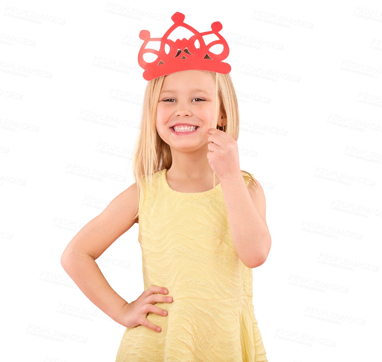 Buy stock photo Isolated girl child, crown and portrait with smile, toys or excited for princess game by transparent png background. Royal female kid, model and happy with tiara, playing and fantasy with creativity