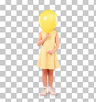Balloon cover face, girl and child in studio isolated on a pink background mockup. Children, birthday party and celebration event with young shy kid hiding with yellow air ballons and inflatable.