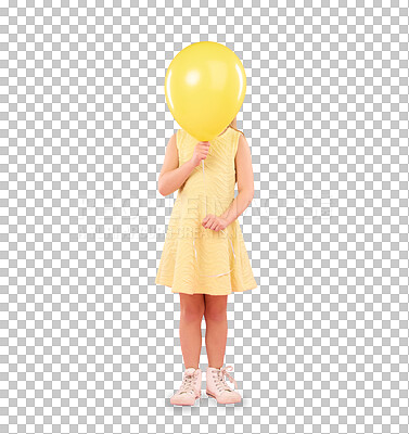 Balloon cover face, girl and child in studio isolated on a pink background mockup. Children, birthday party and celebration event with young shy kid hiding with yellow air ballons and inflatable.