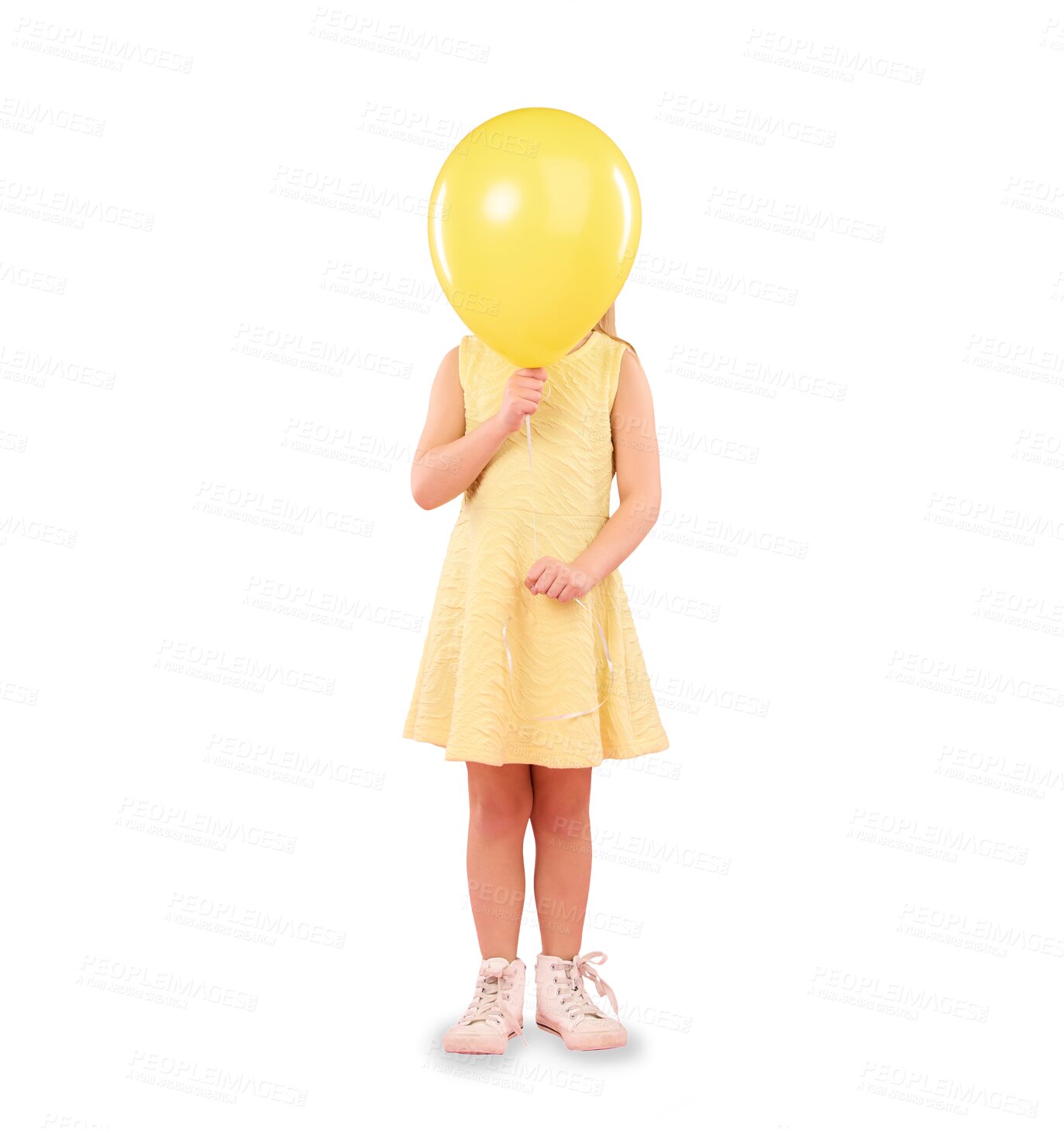 Buy stock photo Balloons, cover face and child with yellow fashion on isolated, png and transparent background. Creative, aesthetic and shy girl hide with inflatable toy for birthday, celebration event and party