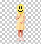 Smiley face, balloon and child in studio, covering and hiding against a pink background space. Happy, emoji and girl holding toy, game and playing while posing behind inflatable, fun and innocent