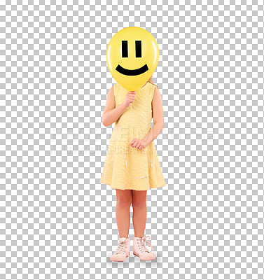 Smiley face, balloon and child in studio, covering and hiding against a pink background space. Happy, emoji and girl holding toy, game and playing while posing behind inflatable, fun and innocent