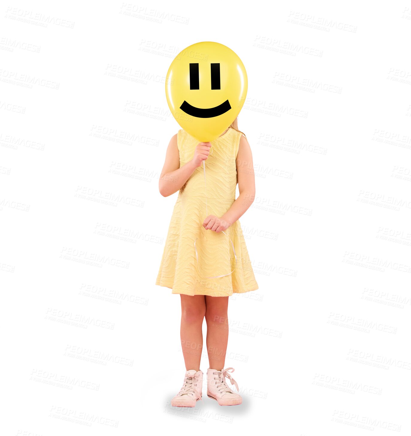 Buy stock photo Balloons, emoji smile and child with yellow fashion on isolated, png and transparent background. Creative, smiley face and shy girl hide with inflatable toy for birthday, celebration event and party