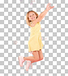 Child, jump and bubbles for a smile portrait in studio with a pink background for fun. Female kid model jumping with happiness, creativity and cheerful face isolated on gradient color and space