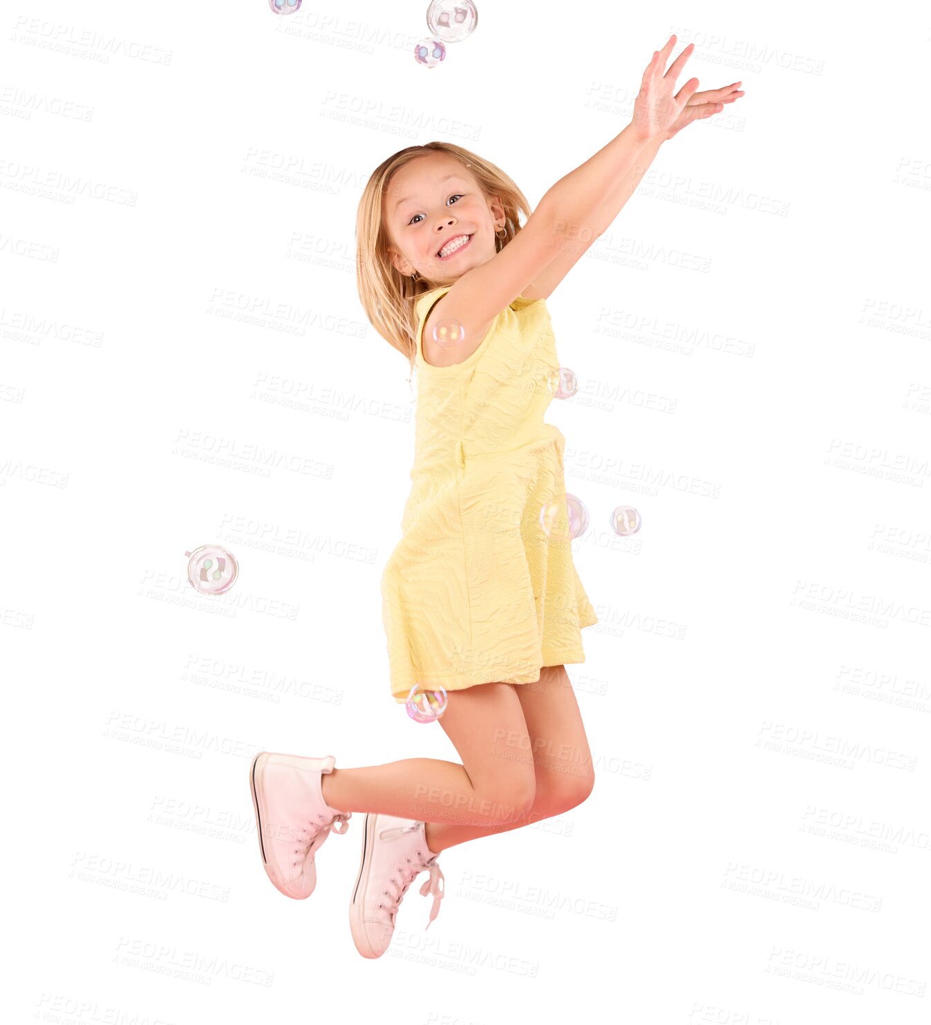 Buy stock photo Portrait of child, jump and bubbles isolated on transparent png background for playful fun, energy and smile. Happy face of kid, girl or young model with happiness, playing and excited on weekend.