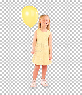 Girl, child and portrait with a balloon in studio on a pink background with a smile and full body. Female kid model with happiness, creativity and yellow icon in hand isolated on color and space