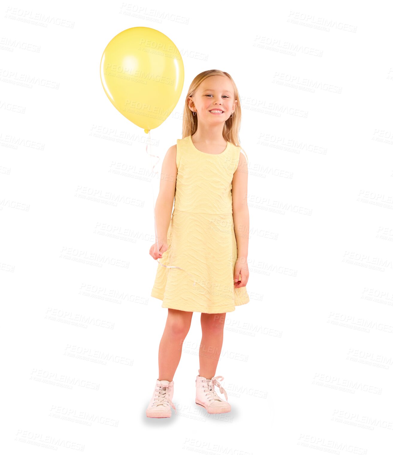 Buy stock photo Balloons, happy and portrait of child with yellow fashion on isolated, png and transparent background. Creative, aesthetic and girl smile with inflatable toy for birthday, celebration event and party