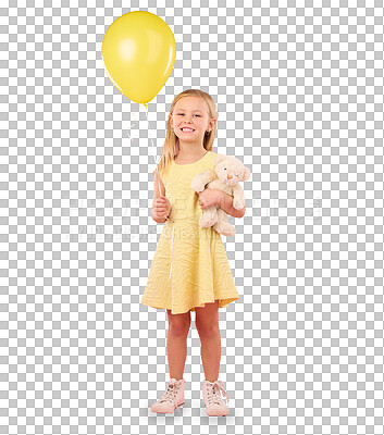 Teddy bear, girl balloon and portrait with a soft toy with happiness and love for celebration in studio. Isolated, pink background and a young female feeling happy, joy and cheerful with friend