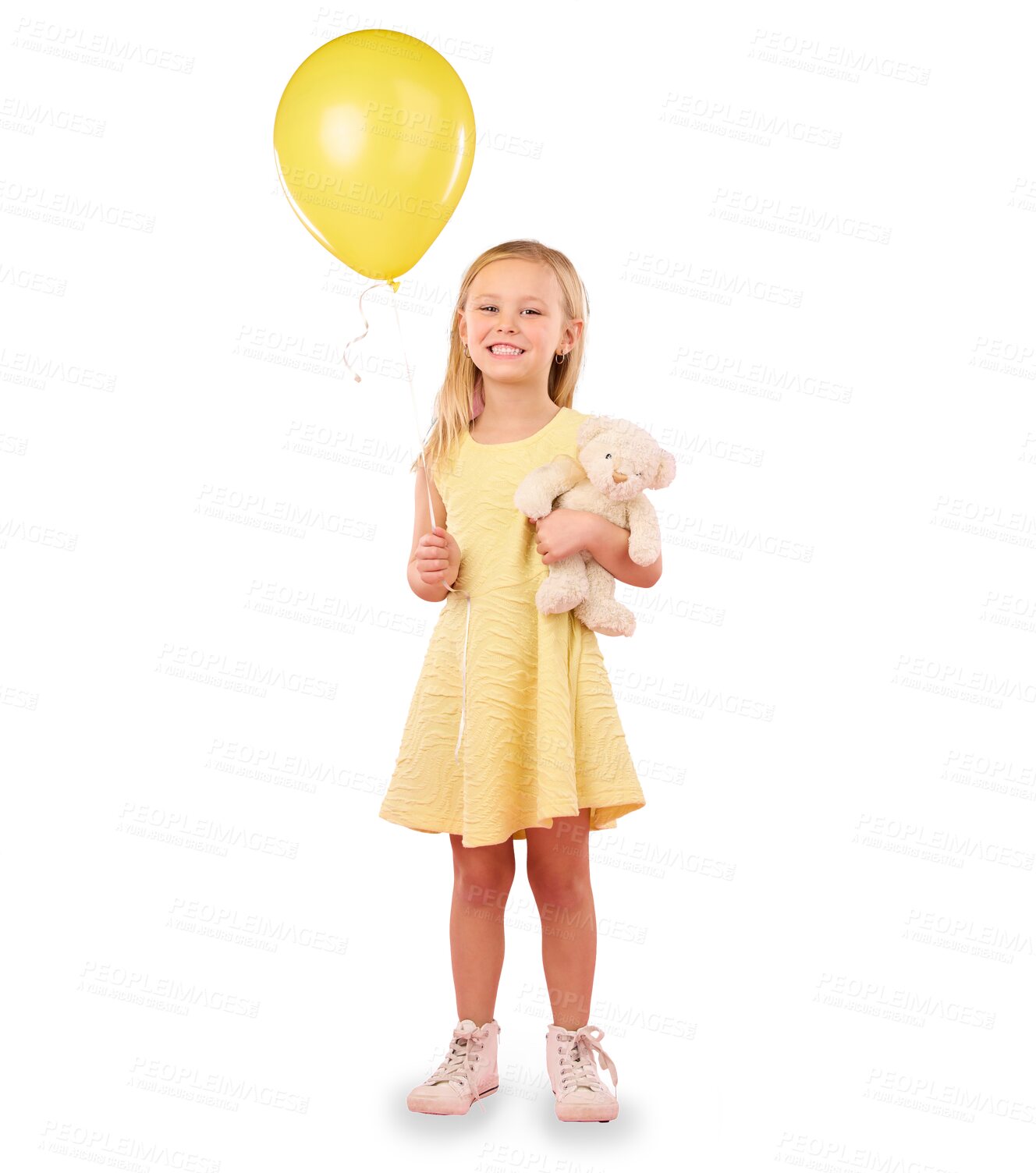 Buy stock photo Balloons, teddy bear and portrait of child with yellow fashion on isolated, png and transparent background. Creative, inflatable and happy girl with toy for birthday, celebration event and party