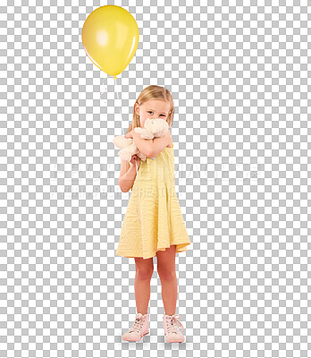Teddy bear kiss, balloon and girl portrait with a soft toy with happiness and love for toys in a studio. Isolated, pink background and a young female child feeling happy, joy and cheerful with friend