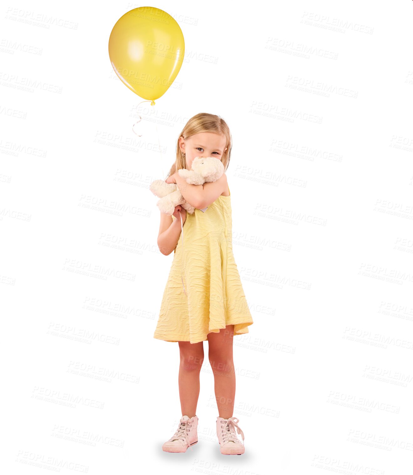 Buy stock photo Balloons, happy and portrait of child with teddy bear on isolated, png and transparent background. Creative, yellow fashion and girl with inflatable toy for birthday, celebration event and party