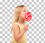 Candy, sweets and lollipop with girl in studio for sugar, party and carnival food isolated on pink background. Cute, positive and youth with child and eating colorful snack for playful and treats  