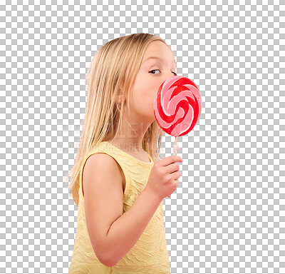 Candy, sweets and lollipop with girl in studio for sugar, party and carnival food isolated on pink background. Cute, positive and youth with child and eating colorful snack for playful and treats