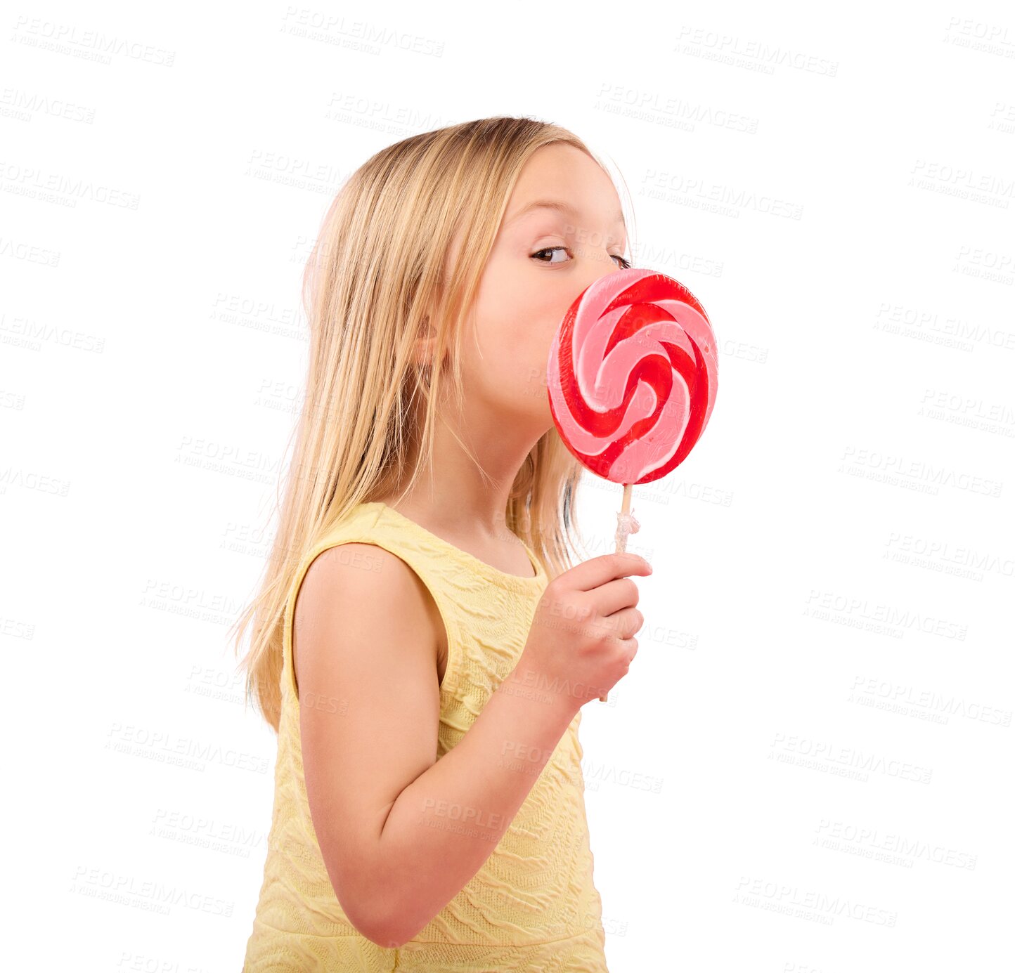 Buy stock photo Portrait, lollipop and girl child with candy, hungry for dessert and isolated on a transparent png background. Face, sweets and young kid with sugar, unhealthy food and eating confectionary treats.
