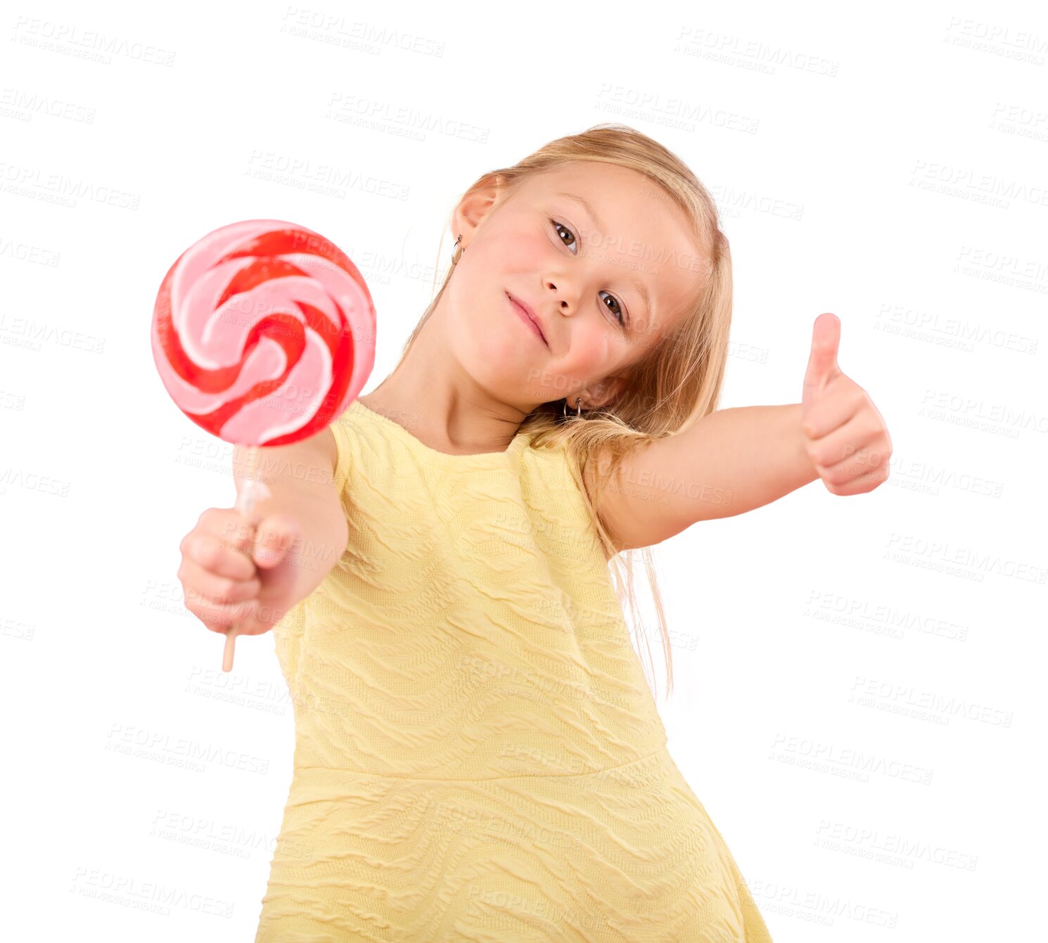 Buy stock photo Portrait, lollipop and girl child thumbs up with candy, hungry for dessert and isolated on a transparent png background. Face, sweets and like hand of kid for good sugar, thank you for food or eating