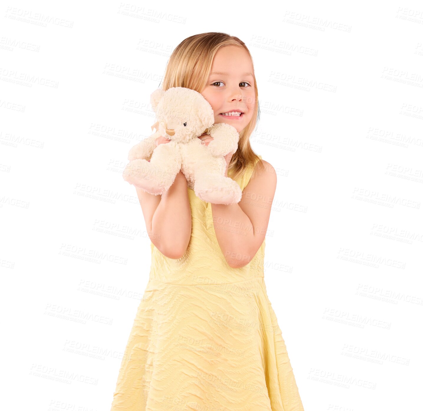Buy stock photo Girl child with teddy bear, portrait and soft toys with happiness isolated on png transparent background. Young kid playing, hug stuffed animal and smile with friendship, youth and childhood
