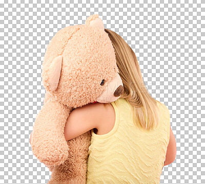 Teddy bear, love and back of a girl in a studio with a big, fluffy and cute toy as a gift or present. Adorable, innocent and young child hugging her teddy with care and happiness by a pink background