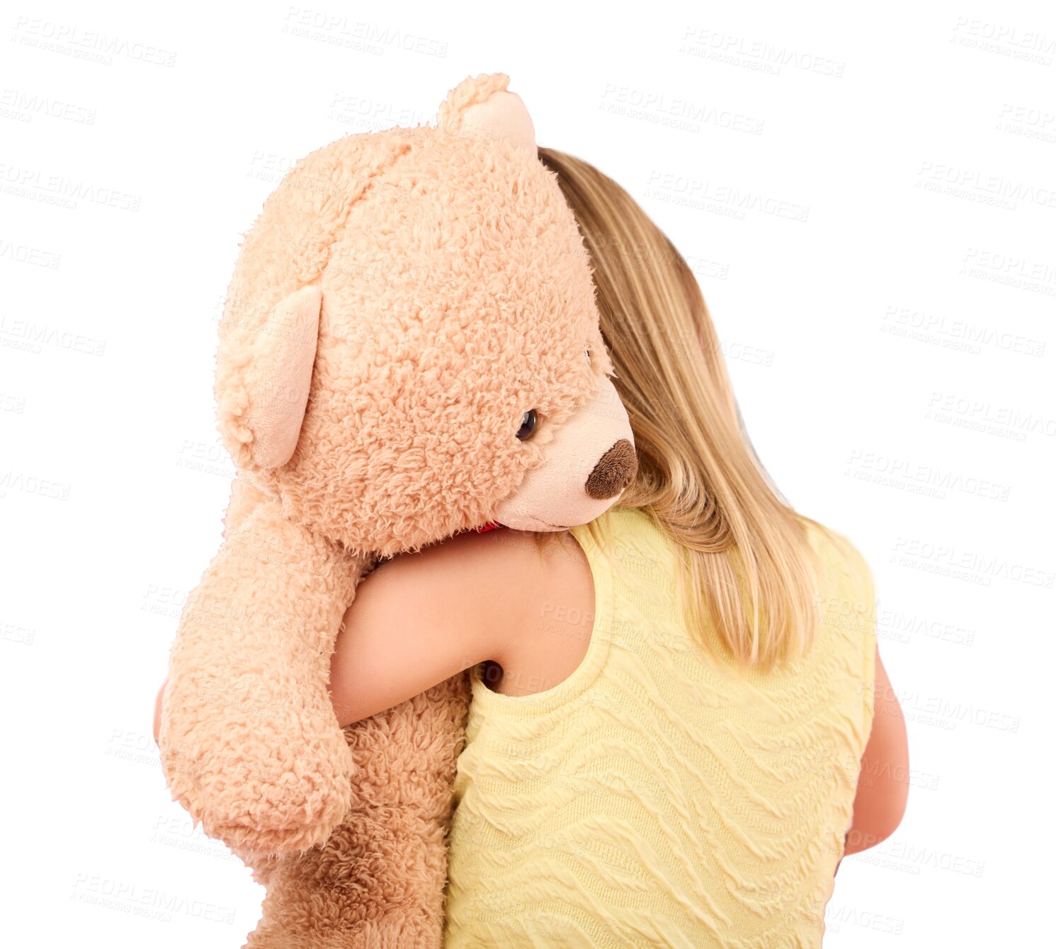 Buy stock photo Teddy bear, love and back of girl hug big, fluffy and cute toy as gift or present for comfort. Adorable, childhood and kid with cuddle animal for support on isolated, png and transparent background