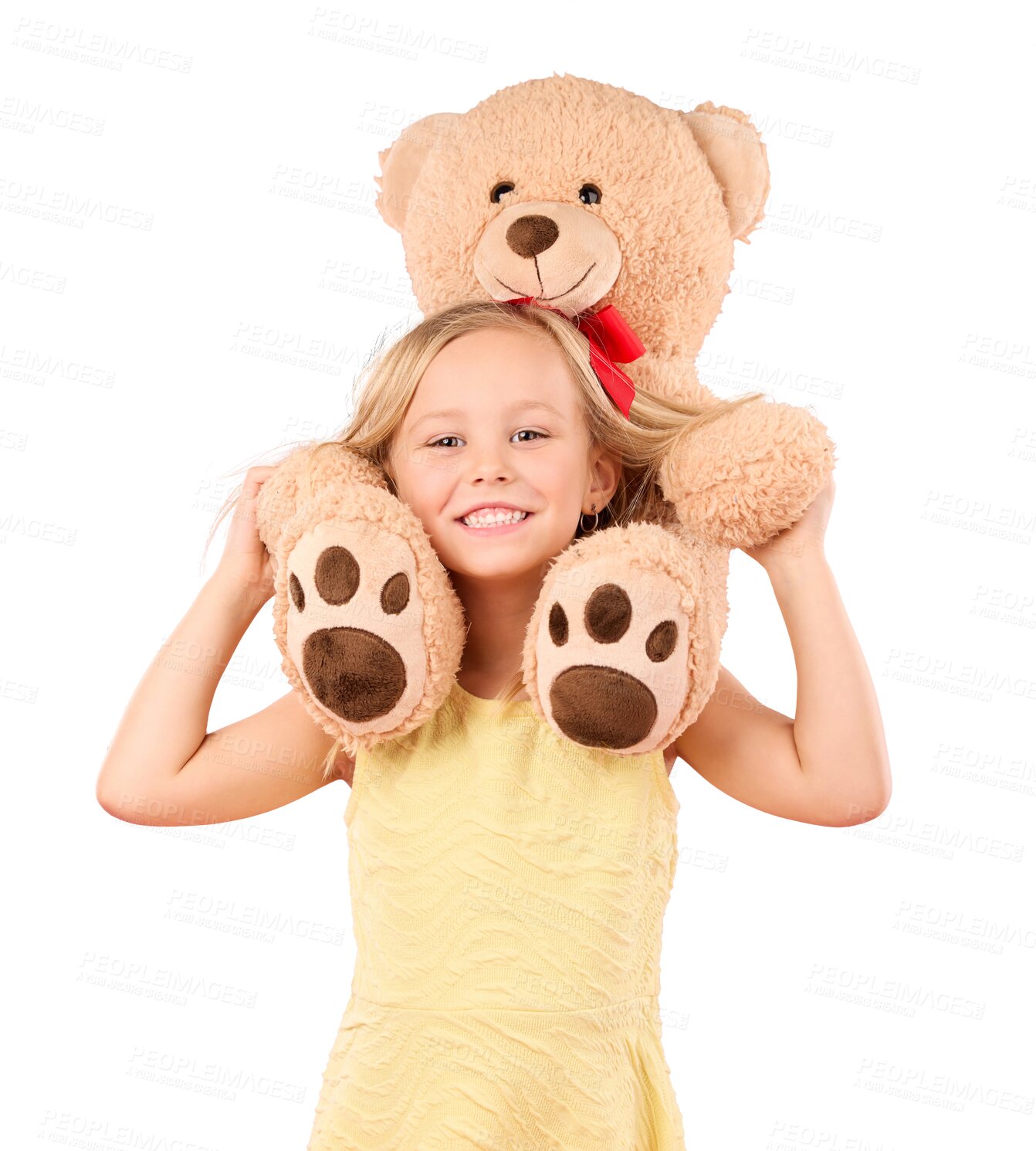 Buy stock photo Teddy bear, love and portrait of child play with big, fluffy and cute toy, gift and present. Adorable, childhood and kid with cuddle animal on shoulders on isolated, png and transparent background