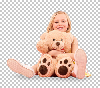 Teddy bear love, girl and portrait with a soft toy with happiness and care for toys in a studio. Isolated, pink background and a young female child feeling happy, joy and cheerful with stuffed friend