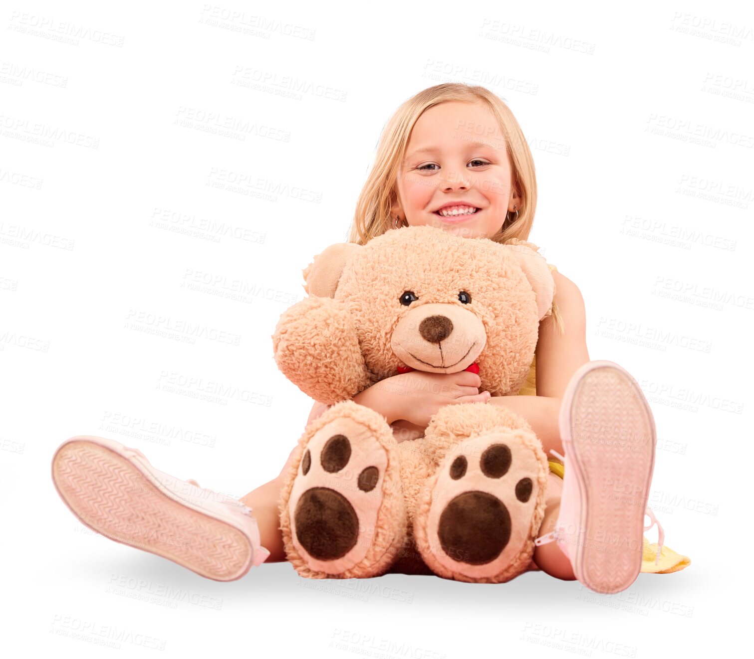 Buy stock photo Girl kid with teddy bear, portrait and happiness, cuddle soft toys isolated on png transparent background. Young child playing, hug stuffed animal and smile with friendship, youth and childhood