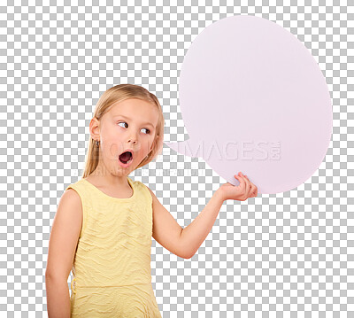 Speech bubble, shock and portrait of child on pink background for news, announcement and opinion. Speaking, talking mockup and girl with surprise face and poster, banner and billboard space in studio