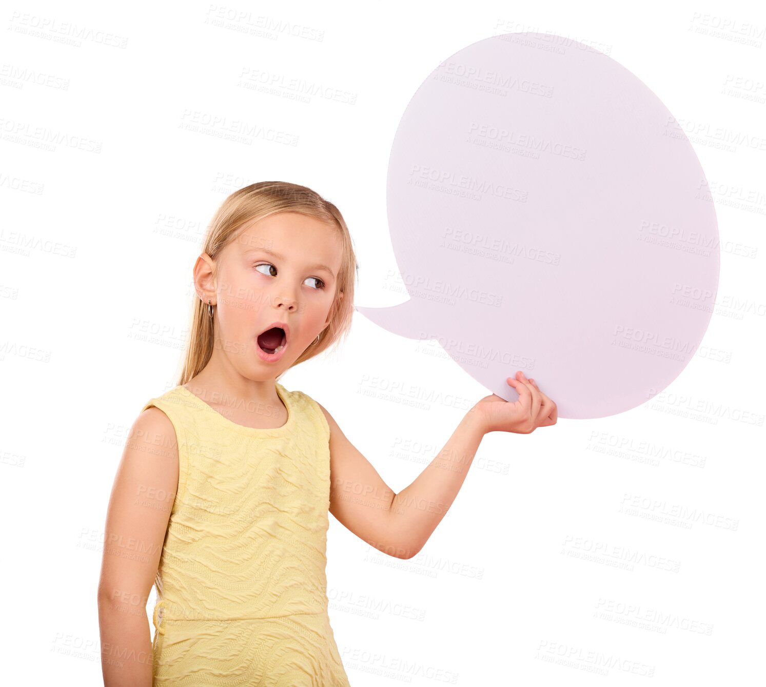 Buy stock photo Speech bubble, mockup and social media, kid in shock for quote, surprise news and girl. Wow for feedback, communication and voice, opinion and announcement isolated on png transparent background