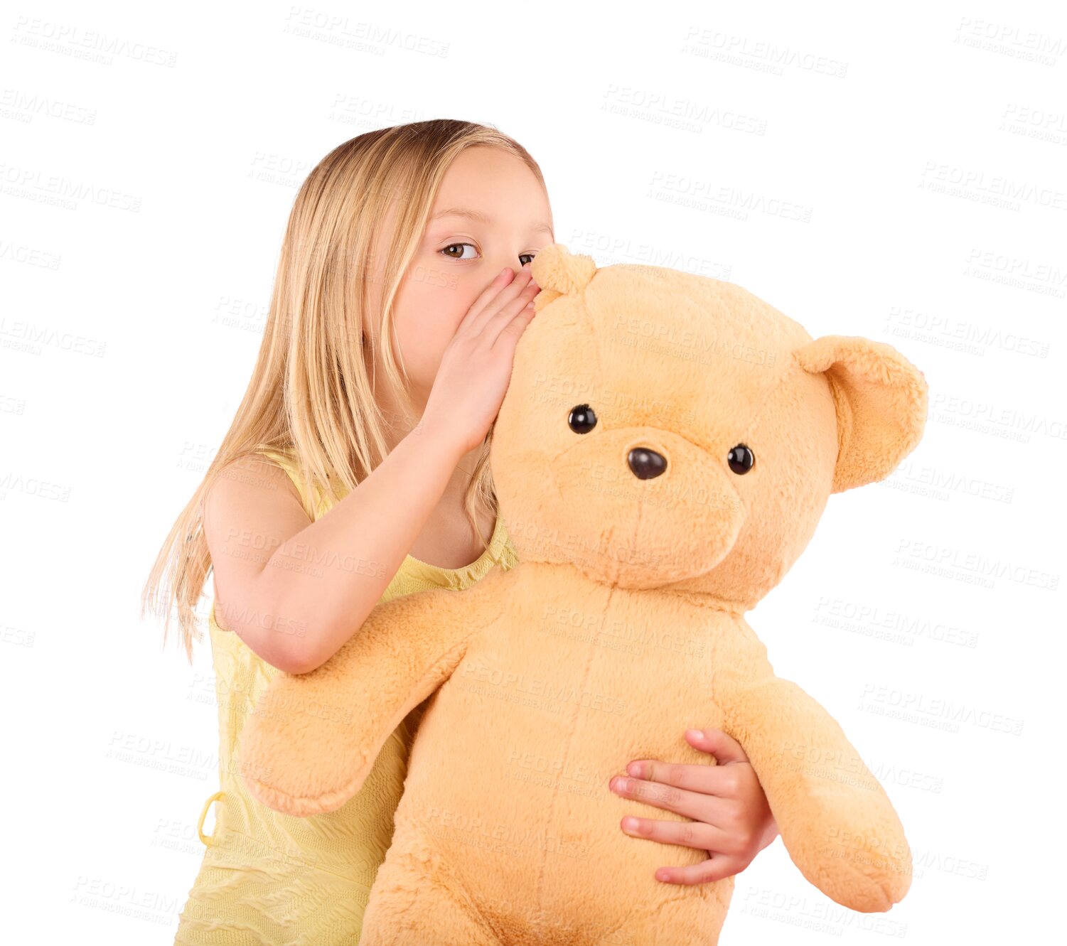 Buy stock photo Teddy bear, whisper and portrait of child with secret, gossip and talking to cute toy for playing. Adorable, childhood and kid speaking to cuddle animal on isolated, png and transparent background