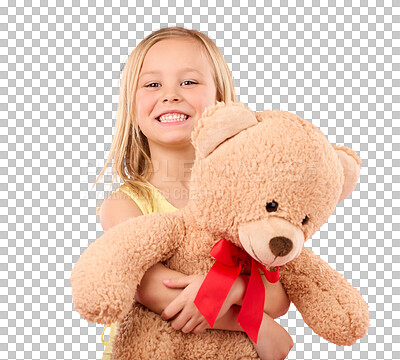 Teddy bear hug, girl smile and portrait with a toy with happiness and love for toys in a studio. Isolated, pink background and a young female child feeling happy, joy and cheerful with stuffed friend