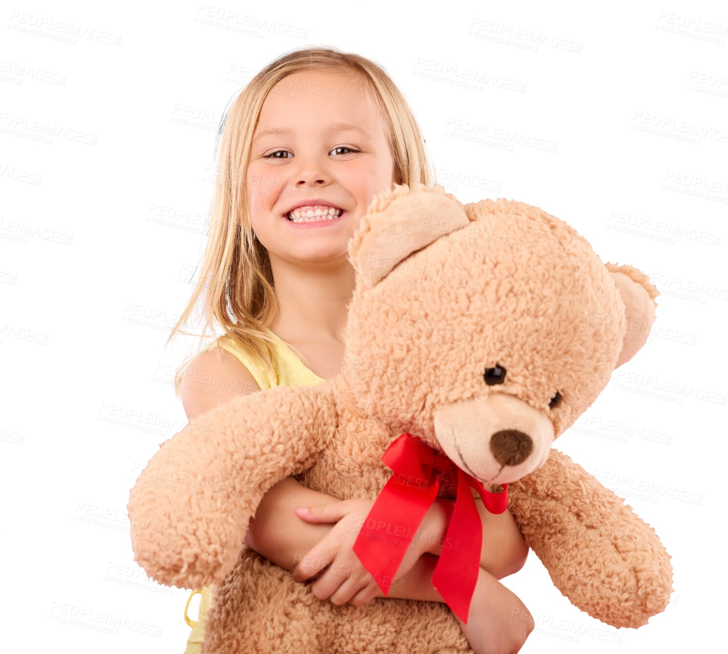 Buy stock photo Happy girl, child and teddy bear, portrait and soft toys with security isolated on png transparent background. Young kid playing, hug stuffed animal and smile with friendship, youth and childhood
