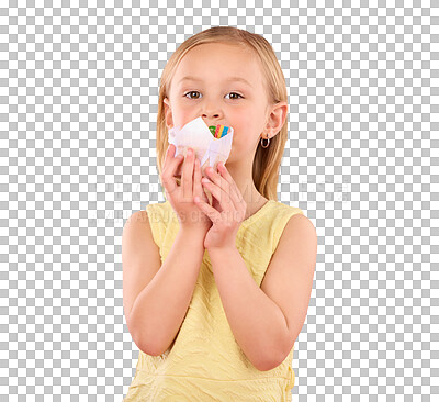 Girl child, cupcake and portrait in studio on a pink background while eating cake. Face of a female kid model with a sweet snack, creativity and paper in hand isolated on color and a gradient space
