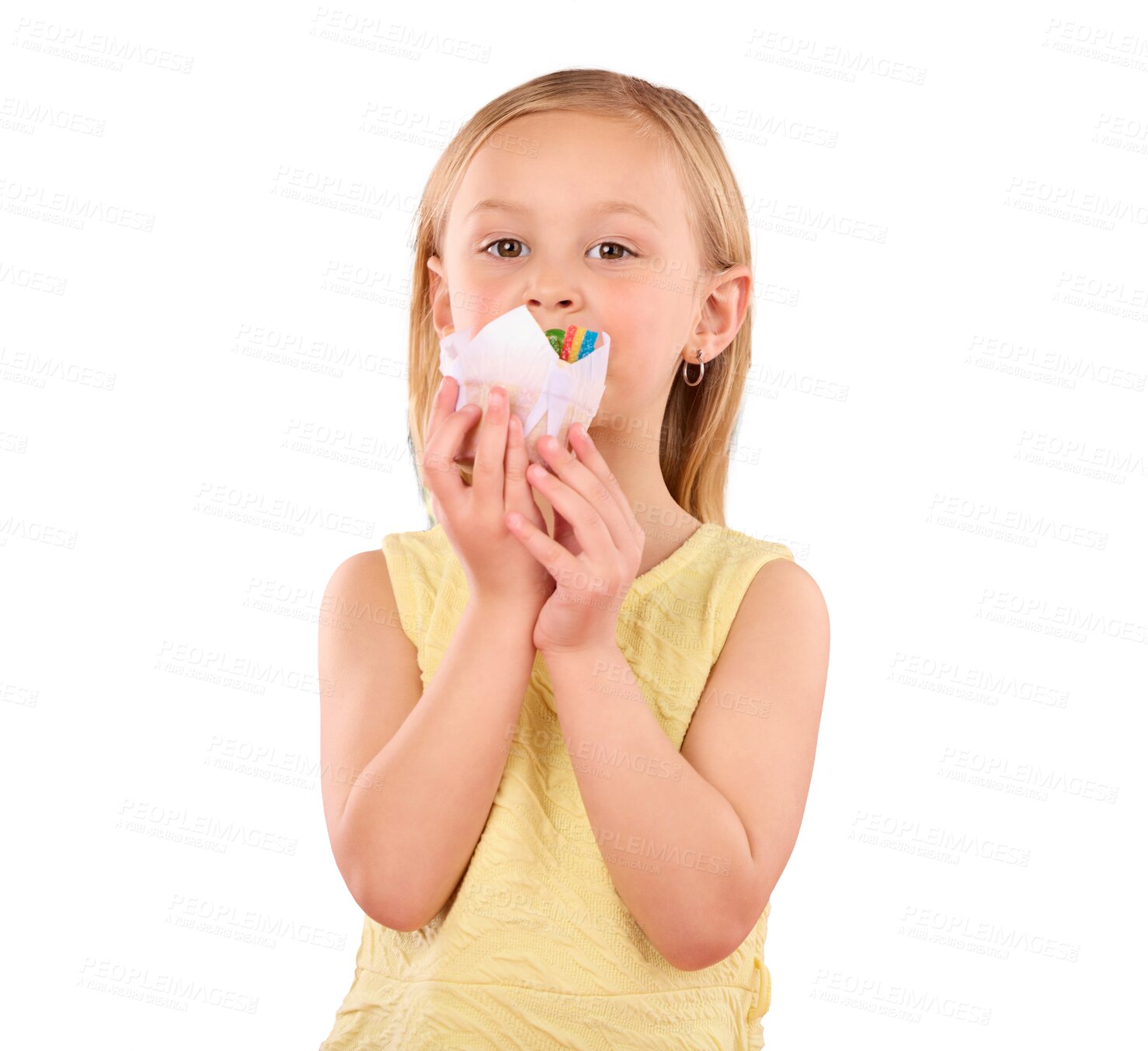 Buy stock photo Cupcake, happy and portrait of girl child eating sweet dessert for treat, snack or craving. Excited, cute and young kid from Australia enjoying cake with candy isolated by transparent png background.