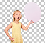 Speech bubble, talking and portrait of child on pink background for news, announcement and opinion. Speaking, communication and girl with open mouth and poster, banner and billboard space in studio