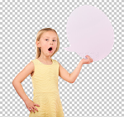 Speech bubble, talking and portrait of child on pink background for news, announcement and opinion. Speaking, communication and girl with open mouth and poster, banner and billboard space in studio
