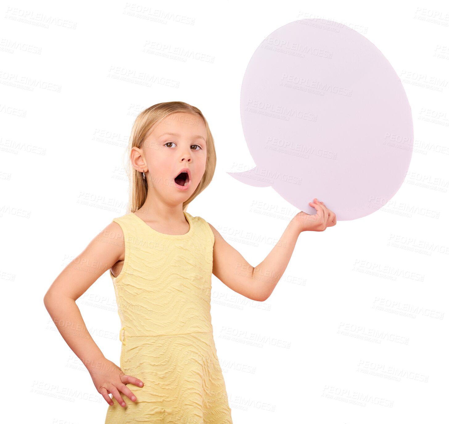 Buy stock photo Speech bubble, mockup and social media, child in shock for quote, surprise news and girl. Wow for feedback, communication and voice, opinion and announcement isolated on png transparent background